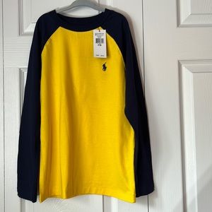 Little boys yellow and blue polo shirt with the number 67 on the back.